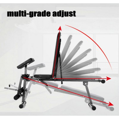 Sit up dumbbell bench with leg extension and preacher curl